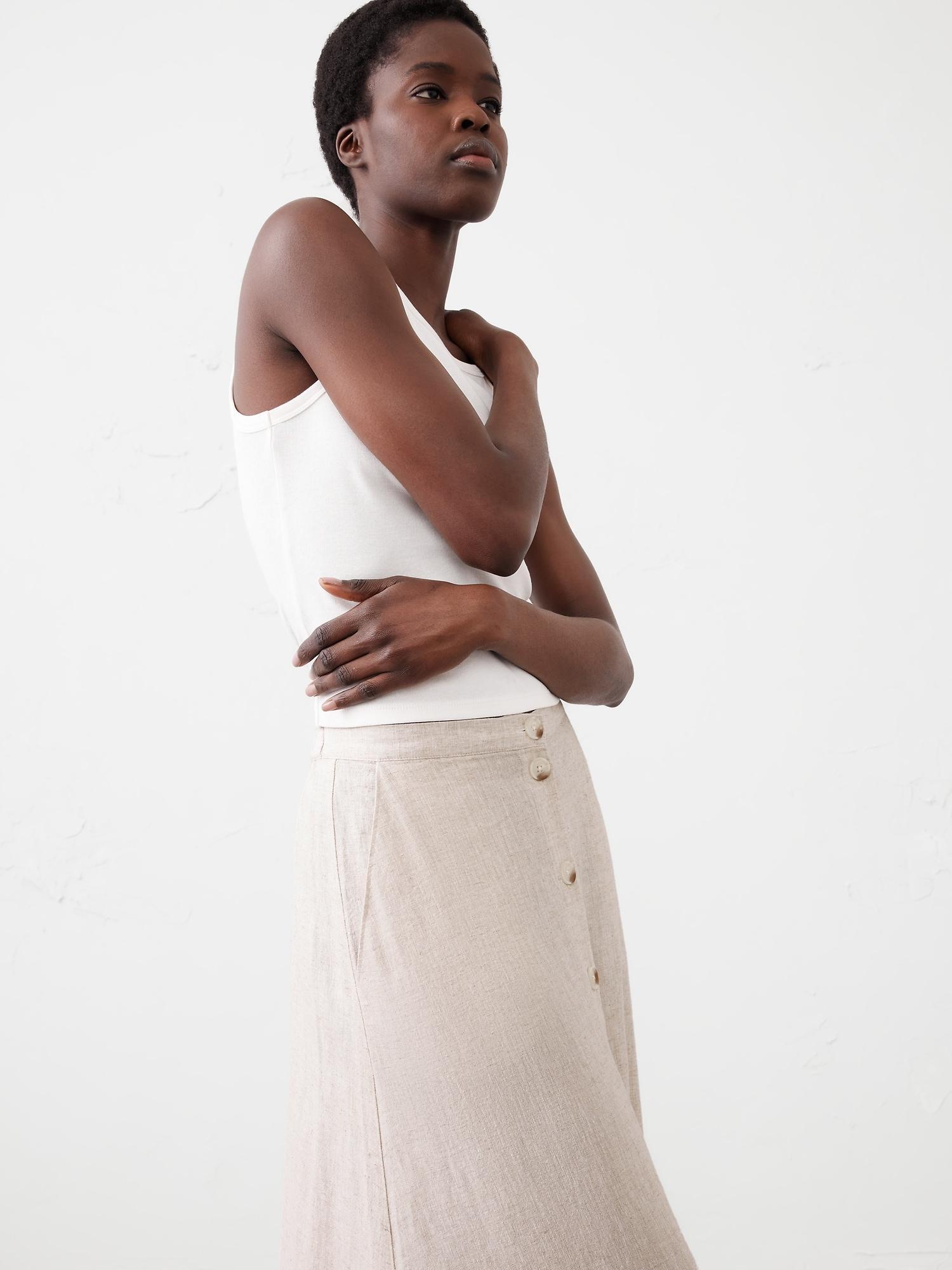 Linen-Blend Buttoned Midi Skirt Product Image