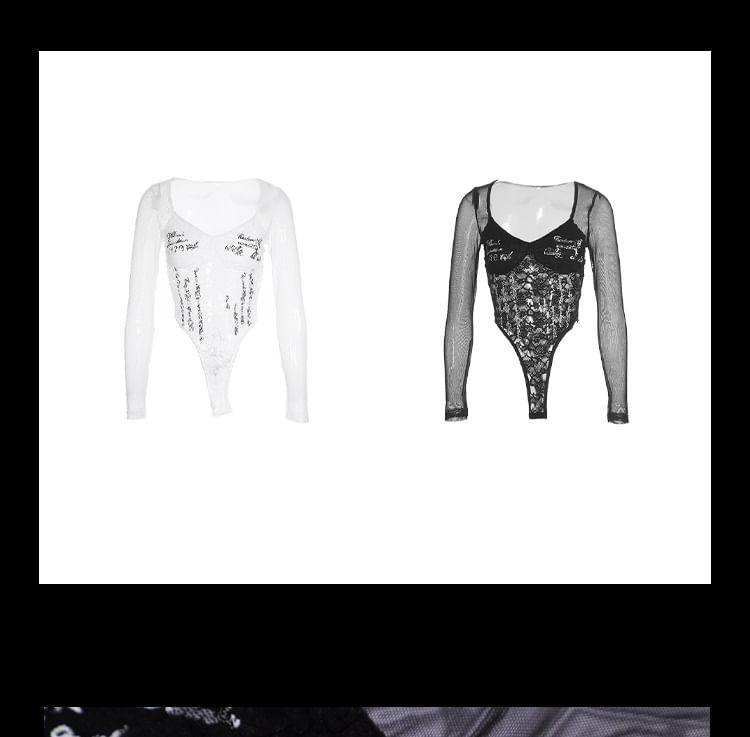 Long-Sleeve Lettering Lace Panel Bodysuit Top Product Image