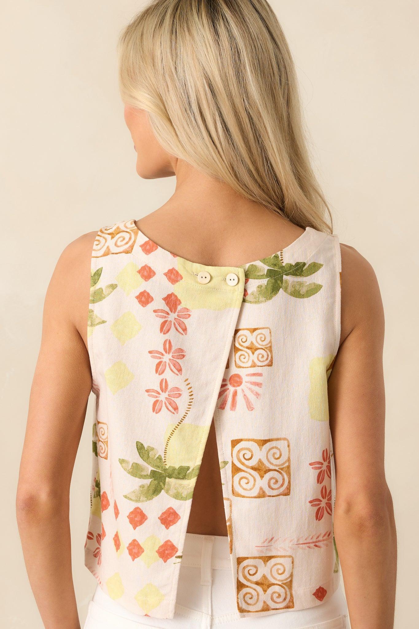 Good Days Only Beige Tropical Print Linen Sleeveless Crop Top Product Image