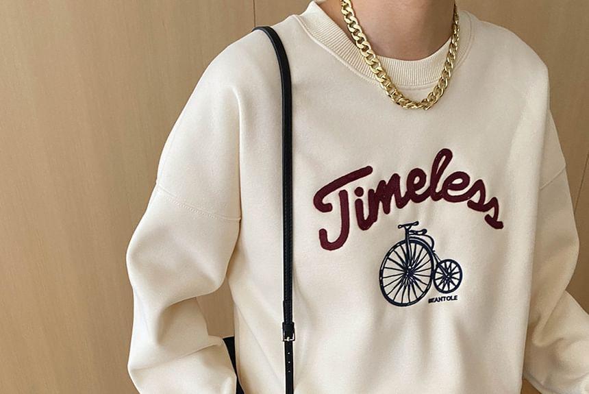 Round Neck Bicycle Print Lettering Fleece-Lined Pullover Product Image