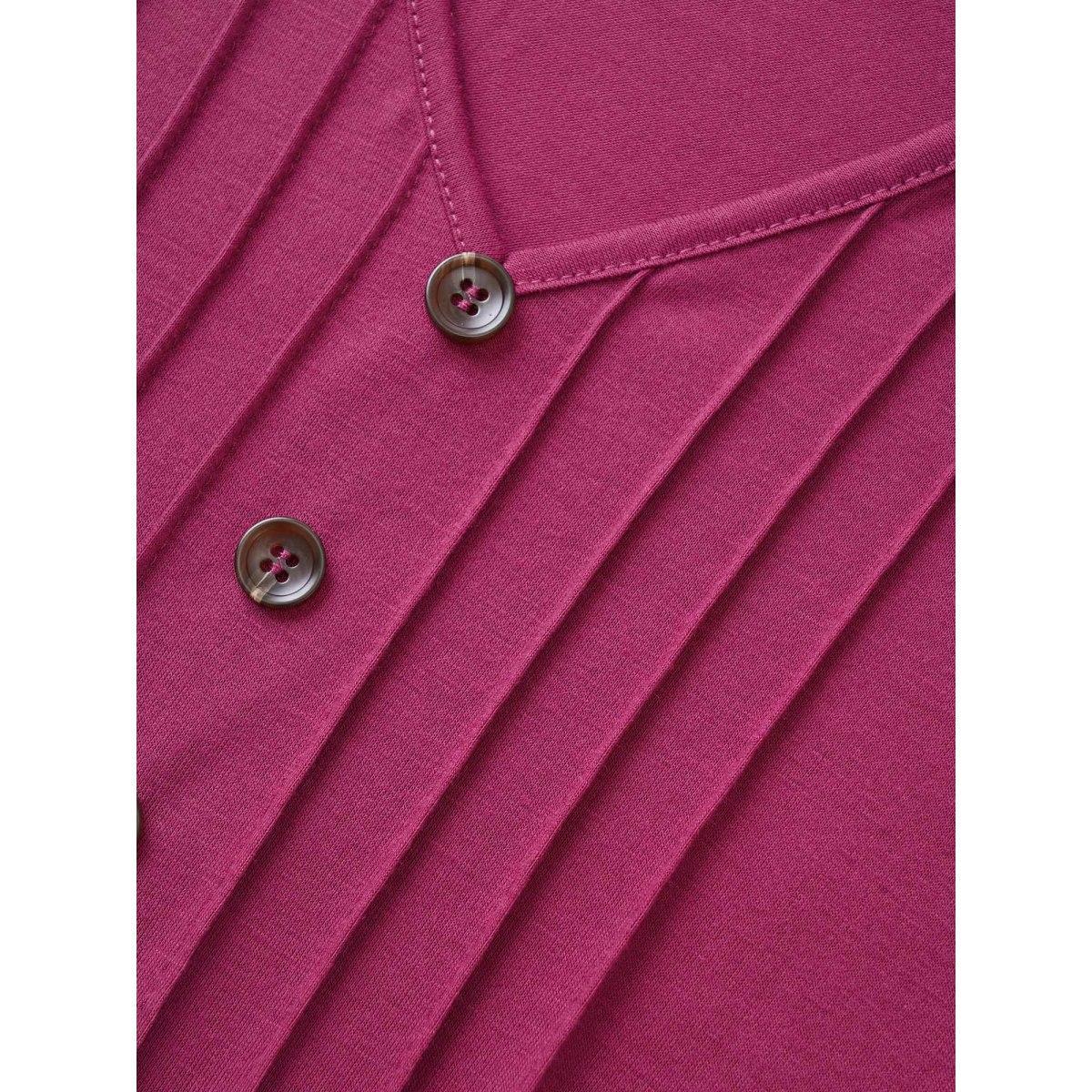 Plus Size Solid Pleated Front Button Detail V Neck T-shirt RedViolet Women Casual Button Plain Everyday T-shirts BloomChic 18-20/2X Product Image