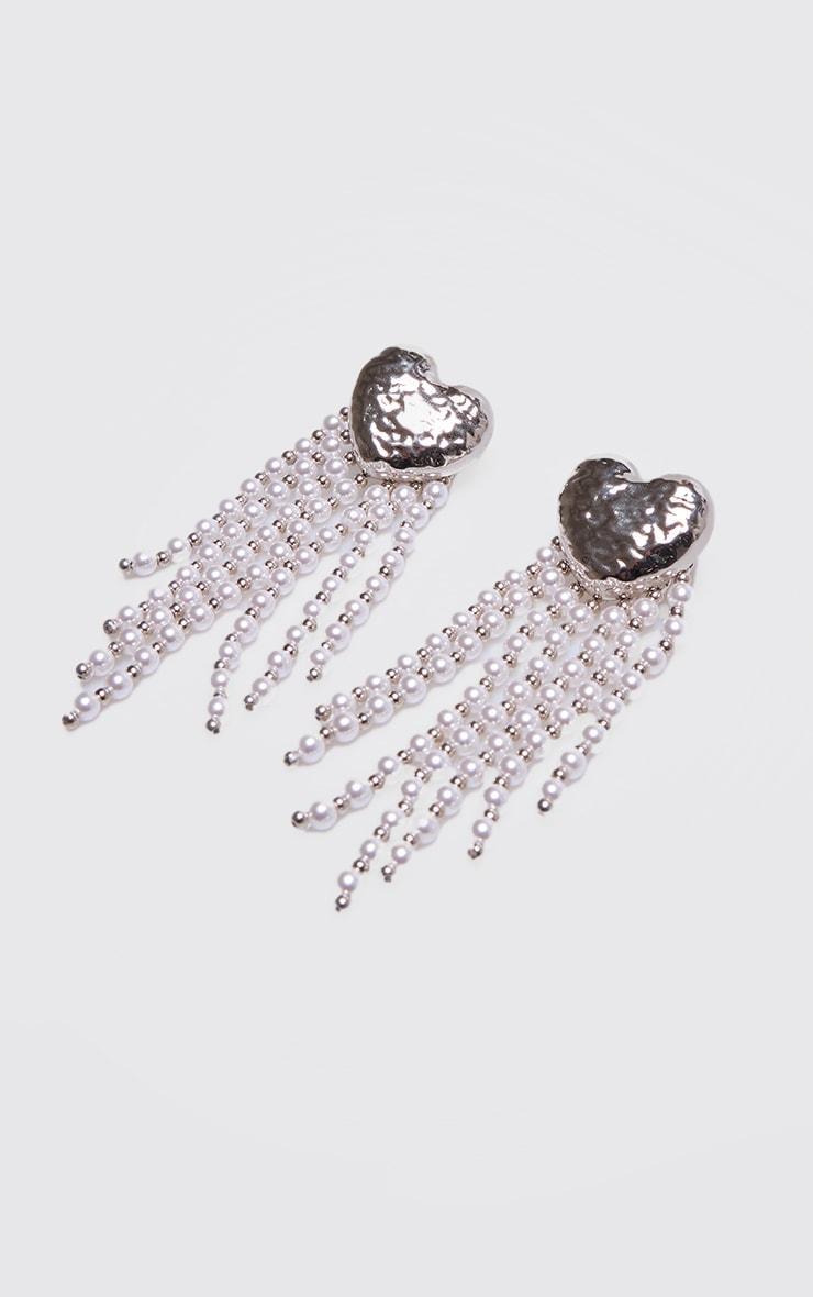 Silver Molten Heart Tassel Pearl Statement Earrings Product Image