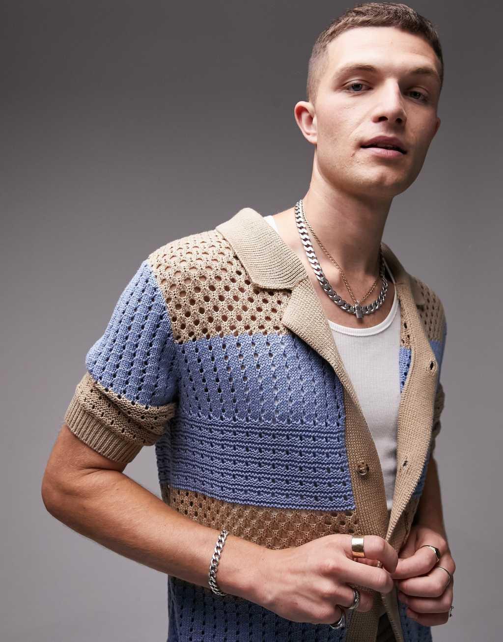 Topman crochet shirt in stone and blue Product Image