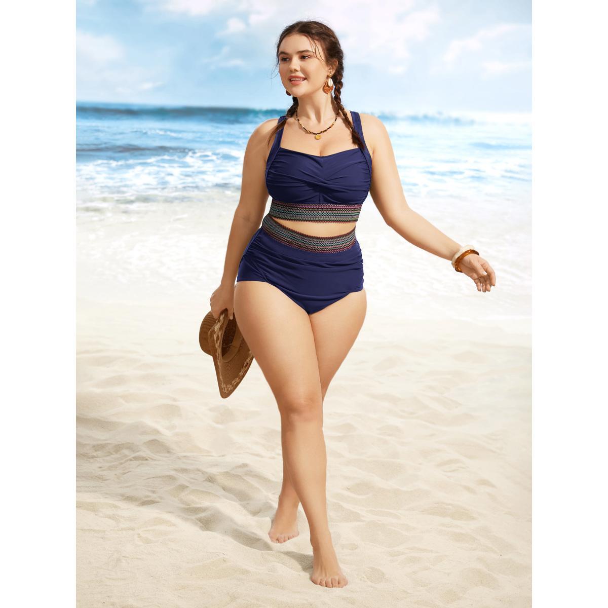 Plus Size Twist Front Patchwork Woven Ribbon Swim Top Women's Swimwear Indigo Resort Woven ribbon&lace trim High stretch Skinny Heart neckline Curve Swim Tops BloomChic 18-20/2X Product Image