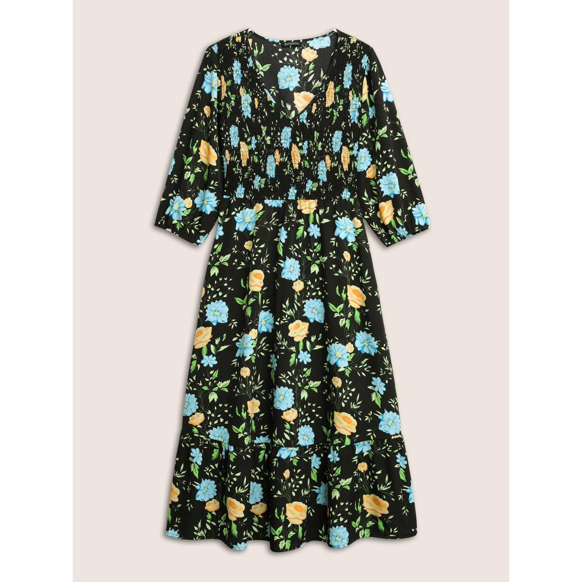 Plus Size Floral Print Shirred Pocket V Neck Dress Black Women Elegant Non V-neck Elbow-length sleeve Curvy Midi Dress BloomChic 10/M Product Image