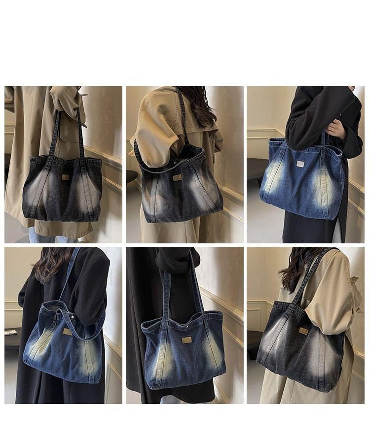 Applique Washed Denim Tote Bag Product Image