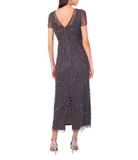 Pisarro Nights V-Neck Short Sheer Sleeve Back Slit Beaded Sheath Dress Product Image