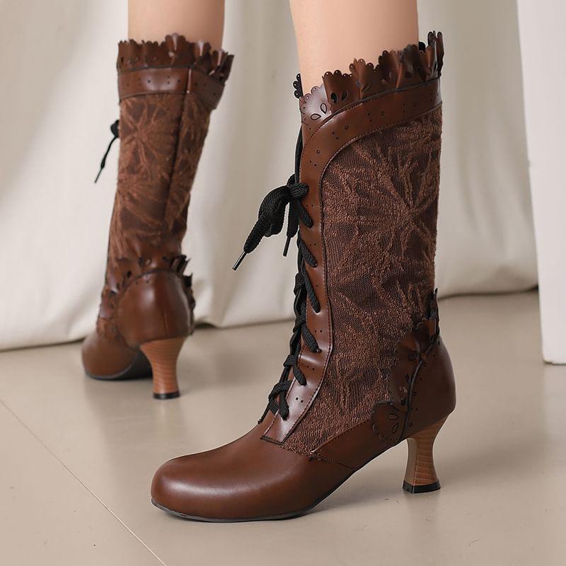 Low-Heel Lace-Up Lace Mid Calf Boots Product Image