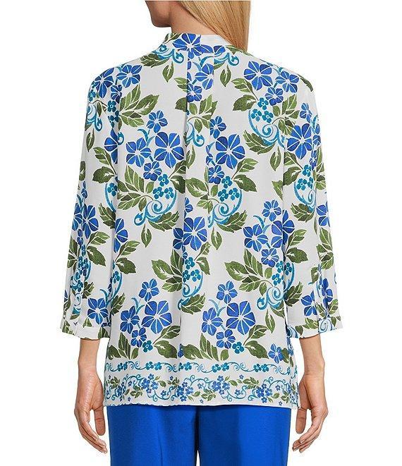 Investments Petite Size Caroline Signature Stamped Hibiscus V-Neck 3/4 Sleeve Button Front Blouse Product Image