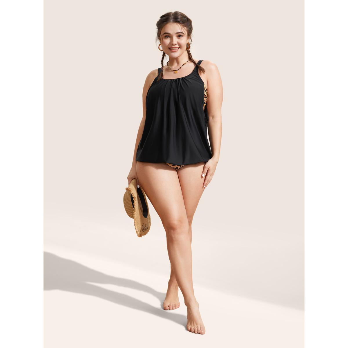Plus Size Patchwork Leopard Print Gathered Swim Top Women's Swimwear Black Beach Gathered High stretch Bodycon U-neck Curve Swim Tops BloomChic 12/L Product Image