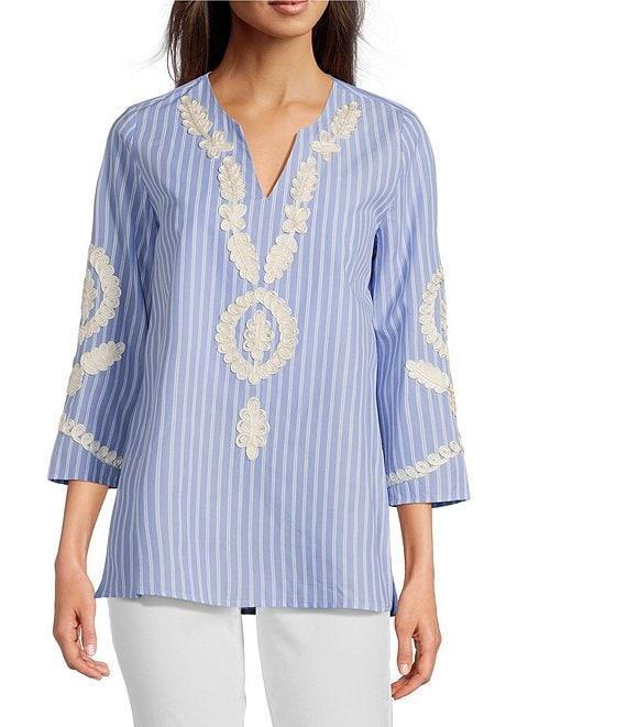 Calessa Petite Size Embroidered Patchwork Pinstripe Split V-Neck 3/4 Sleeve Tunic Product Image