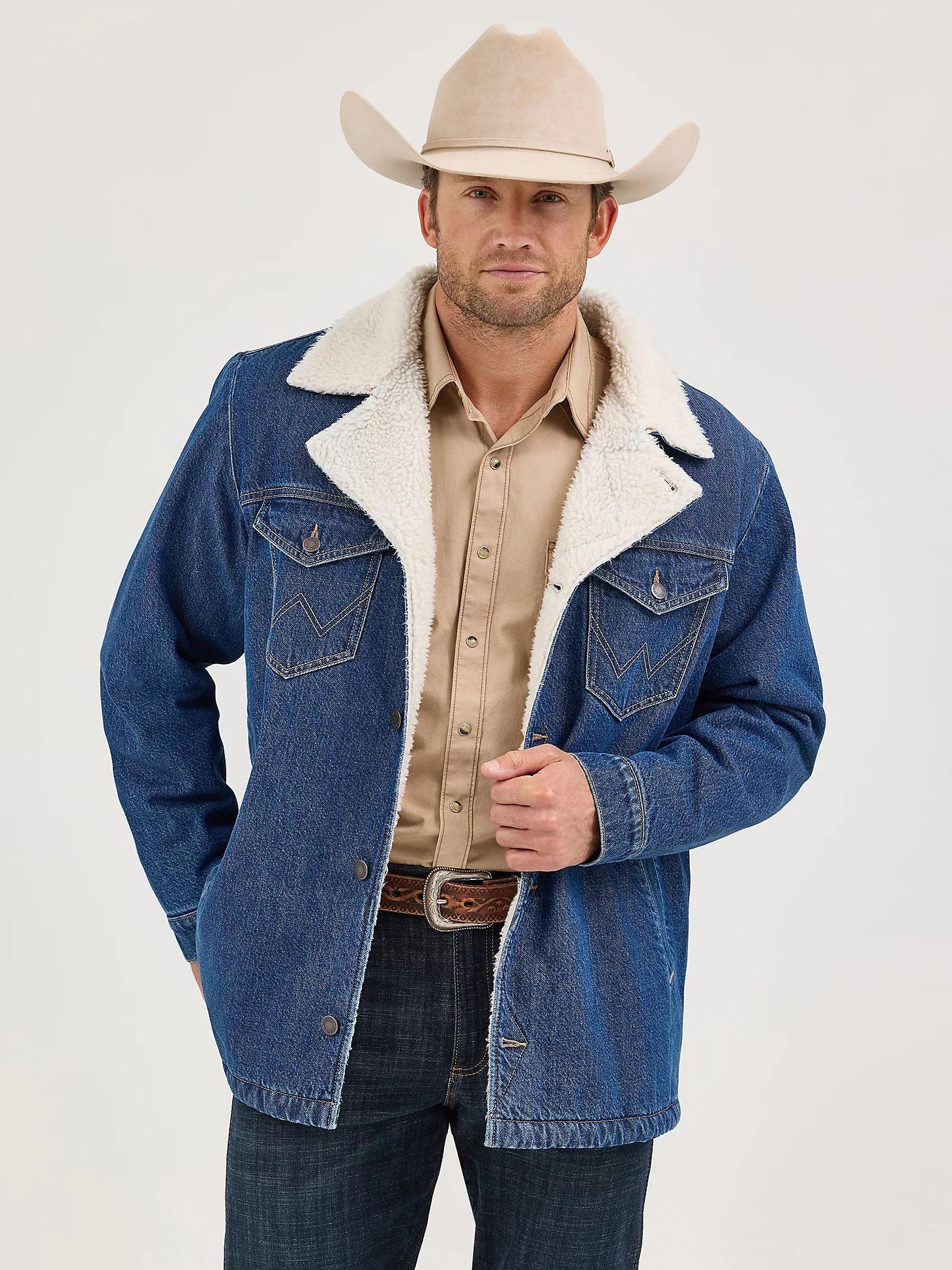 Men's Western Sherpa Lined Denim Wrange Jacket in Medium Wash Product Image