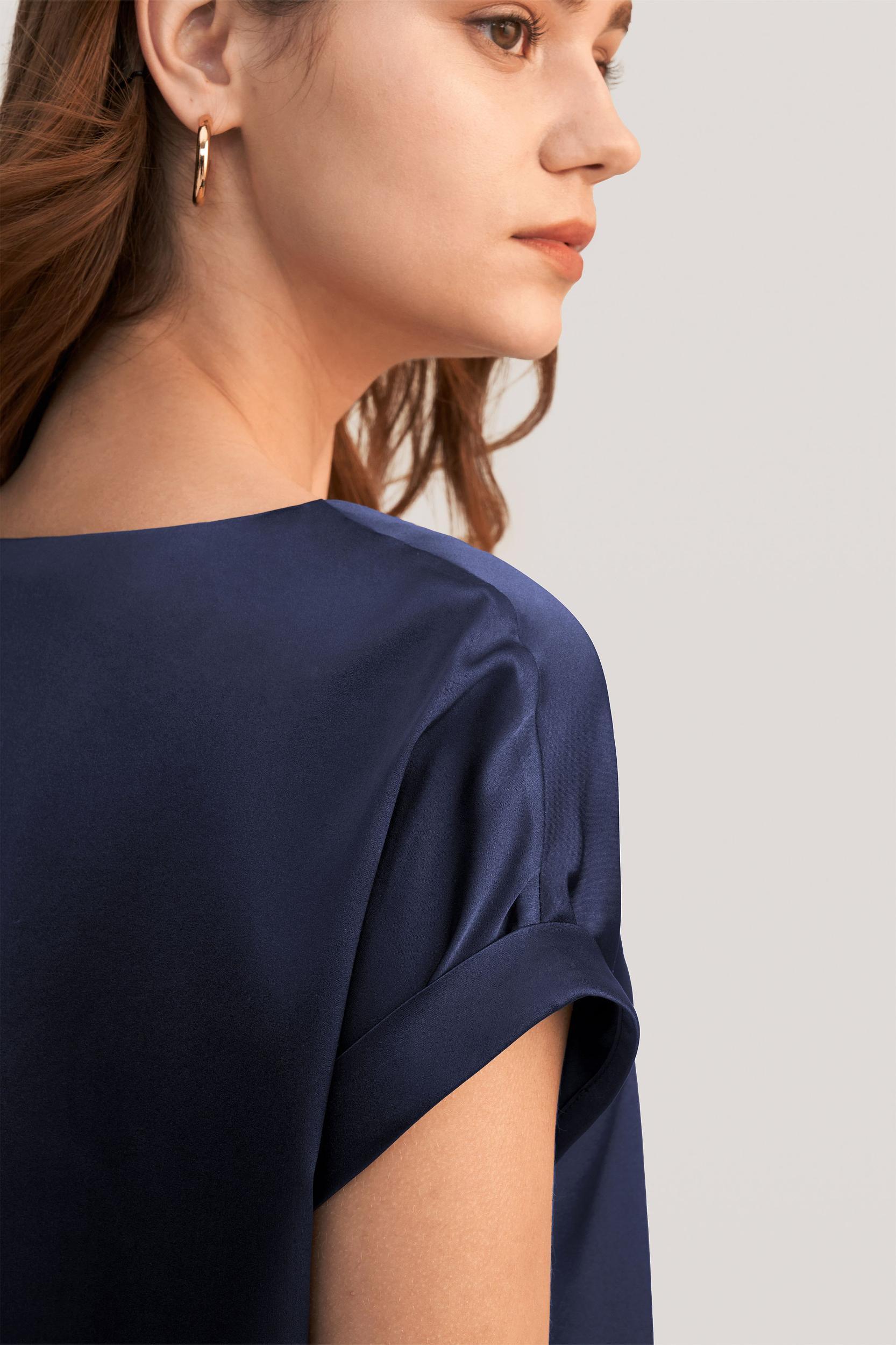 LILYSILK Women Silk Tee Shirts Black Quality Stretchy Silk Soft Classic Round Neck Rolled Cuffs Silk Top XS Product Image