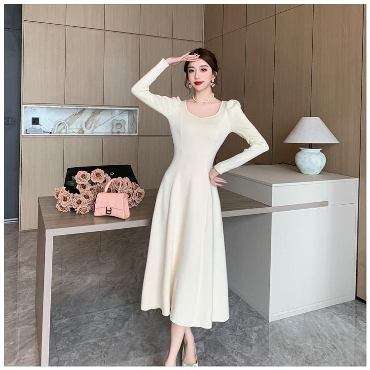 Long-Sleeve Plain Midi A-Line Knit Dress Product Image