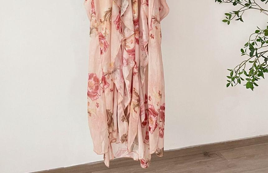 Long-Sleeve Cold Shoulder Floral Print Maxi A-Line Dress Product Image