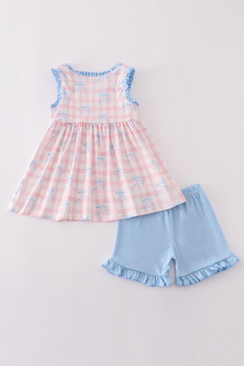 Pink plaid bow print gingham shorts set Product Image