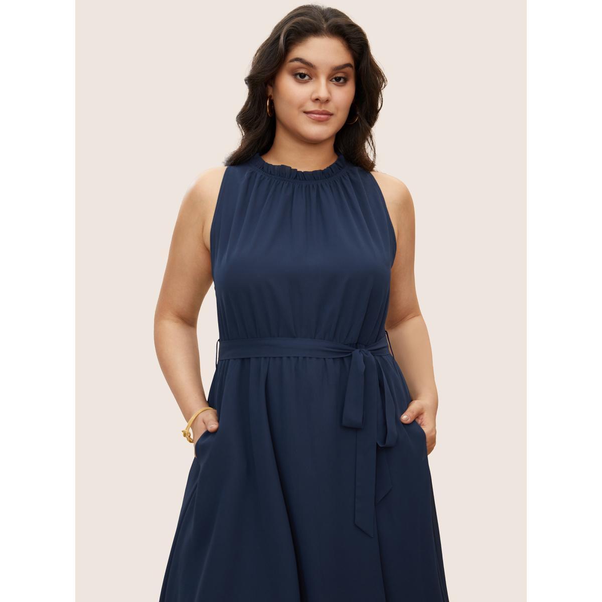 Plus Size Plain Sleeveless Frill Trim Pocket Belted Mock Neck Dress DarkBlue Women At the Office Pocket Mock Neck Sleeveless Curvy Midi Dress BloomChic 30/6X Product Image