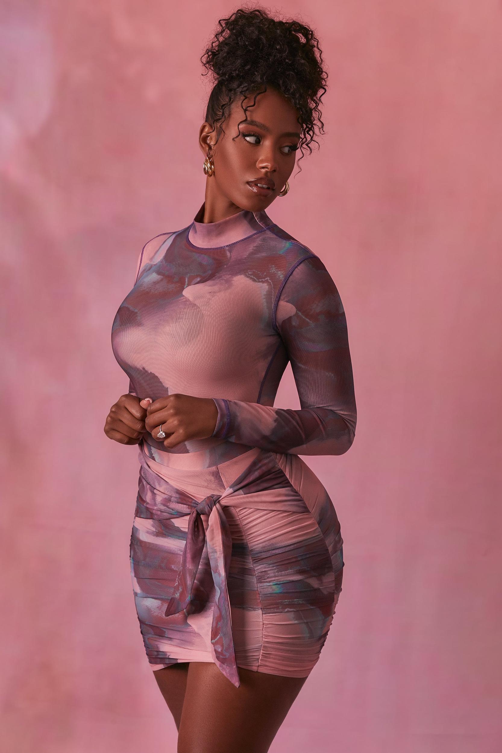 High Neck Long Sleeve Mesh Bodysuit in Blush Product Image
