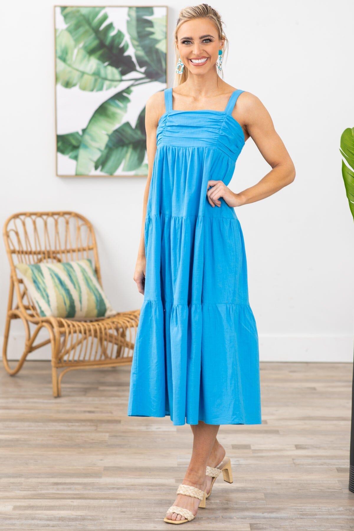 Blue Ruched Bodice Midi Dress Product Image
