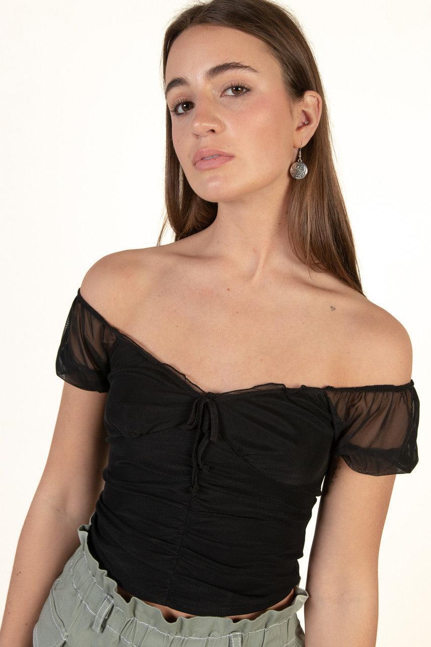 White Mesh Tie Up Milkmaid Top Product Image