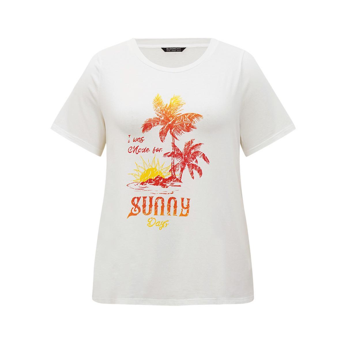 Plus Size Coconut Tree & Letter Print Drop Shoulder T-shirt White Women Casual Tropical Dailywear T-shirts BloomChic 28/5X Product Image