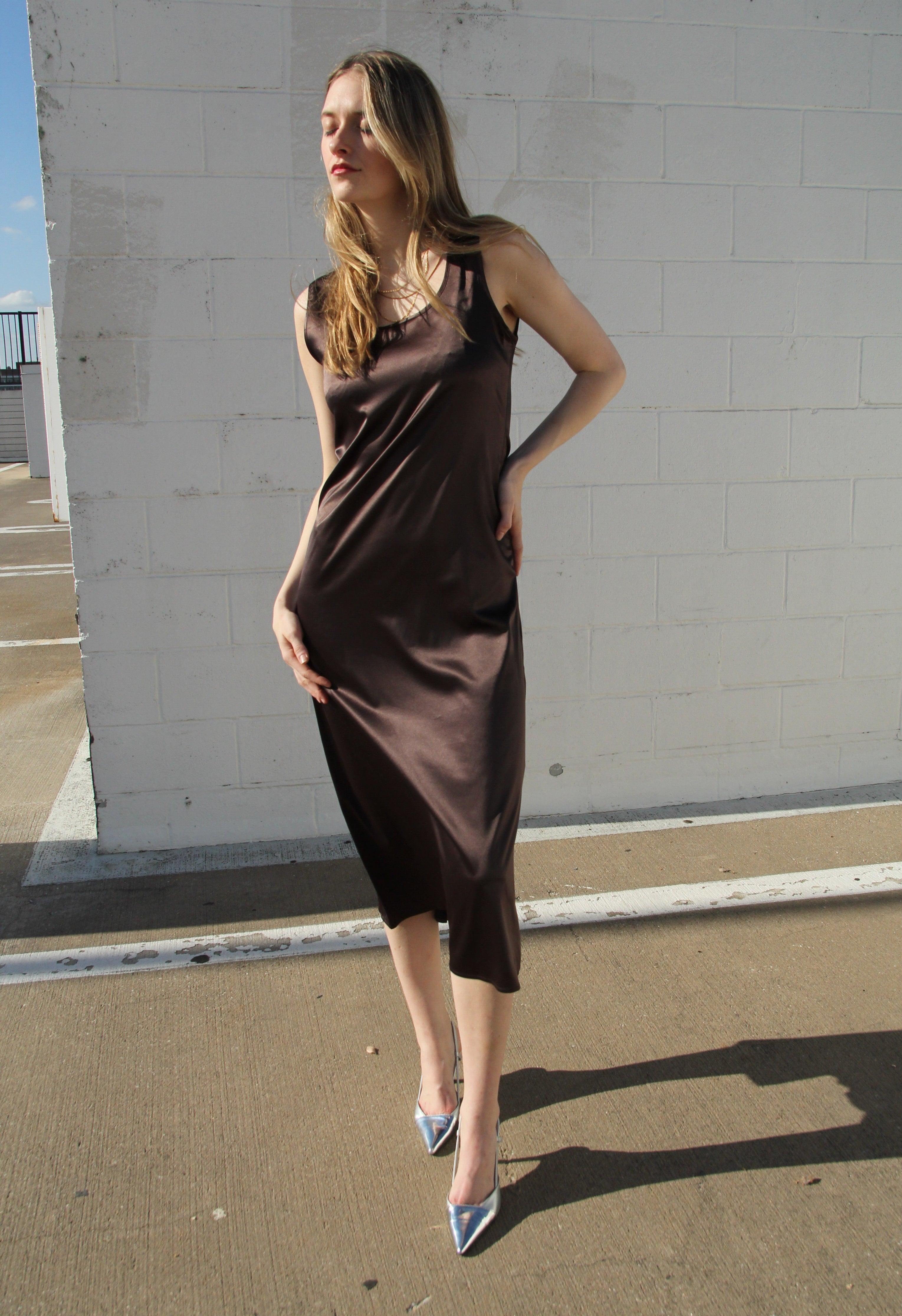 Brown Draped Satin Dress Product Image