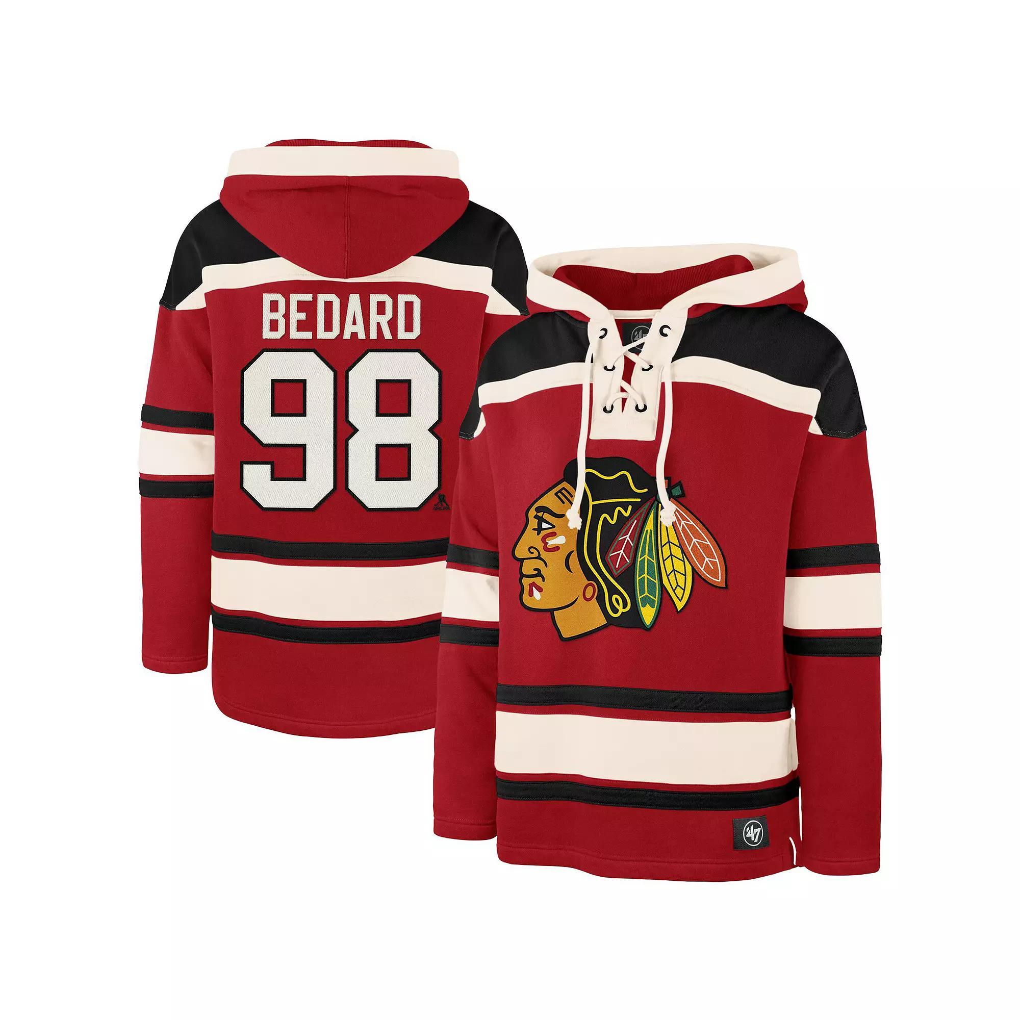 Men's '47 Connor Bedard Red Chicago Blackhawks Player Name & Number Lacer Pullover Hoodie, Size: Small Product Image