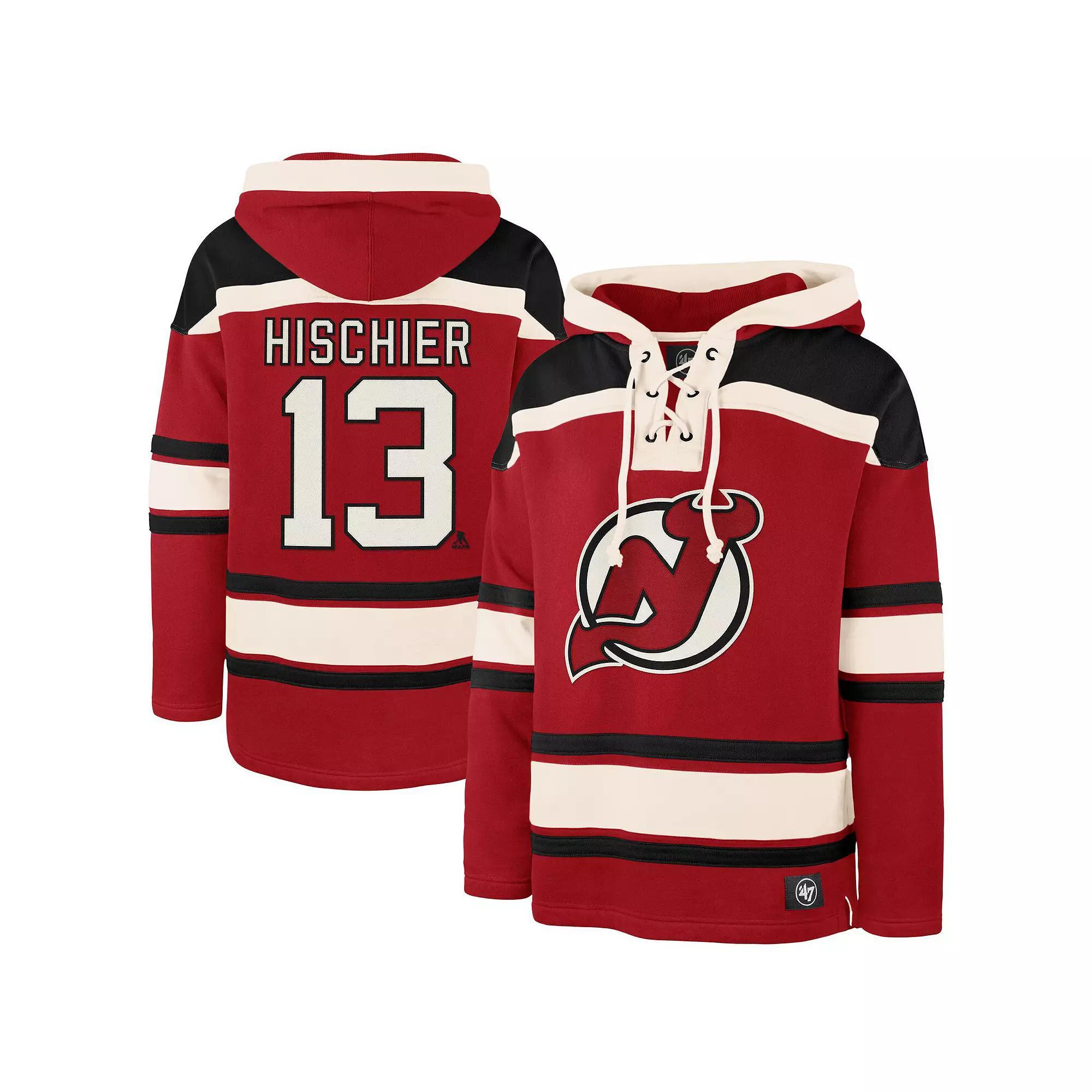 Men's '47 Nico Hischier Red New Jersey Devils Player Name & Number Lacer Pullover Hoodie,  Product Image