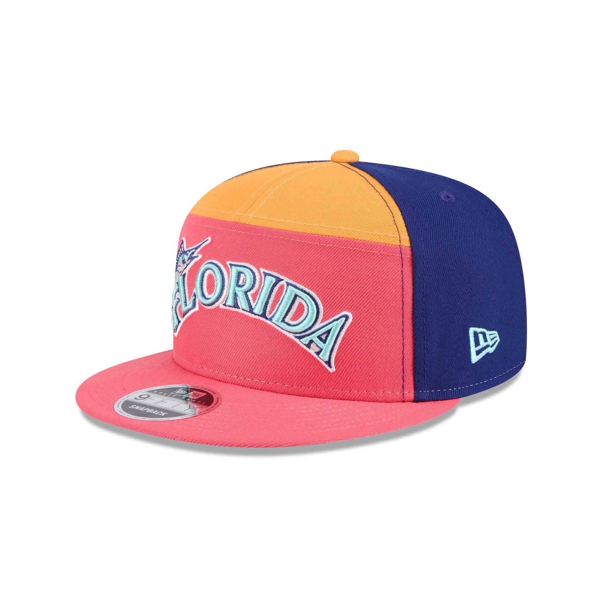 Miami Marlins Coral 9FIFTY Split Panel Snapback Hat Male Product Image