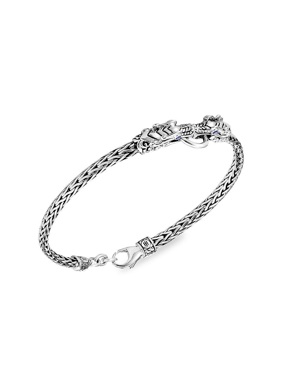 Womens Naga Dragon Silver & Blue Sapphire Double Dragon Head Slim Chain Bracelet Product Image