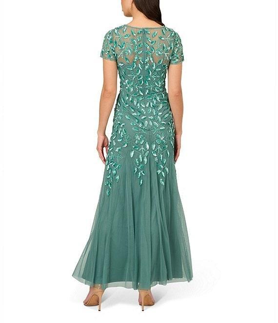 Adrianna Papell Round Neck Short Sleeve Floral Beaded Mesh Godet Fit and Flare Gown Product Image