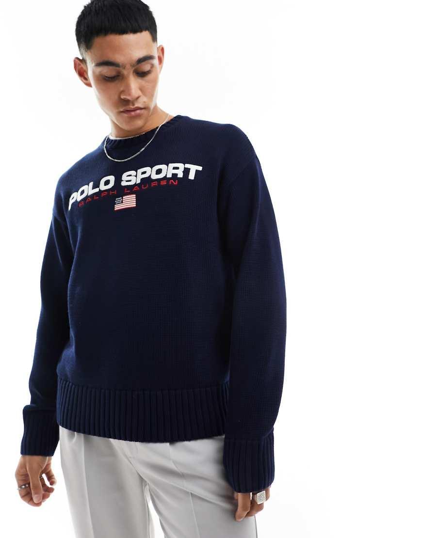 Sport Capsule Logo Cotton Knit Sweater Big Oversized Fit In Navy Product Image