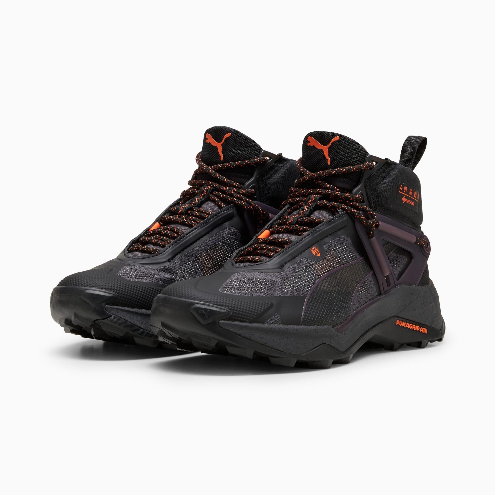 PUMA SEASONS Explore NITRO Mid GORE-TEX Womens Hiking Shoes in Black/Midnight Plum/Flame Flicker Product Image