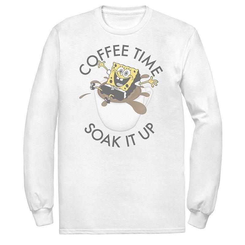 Men's Spongebob Coffee Time Soak It Up Portrait Long Sleeve Tee, Size: XL, White Product Image