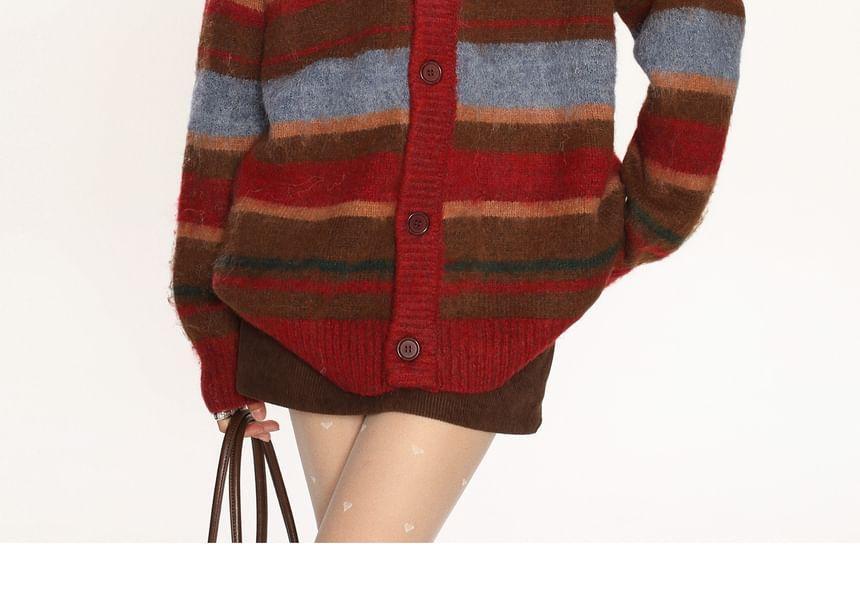 Round Neck Striped Button Up Cardigan Product Image