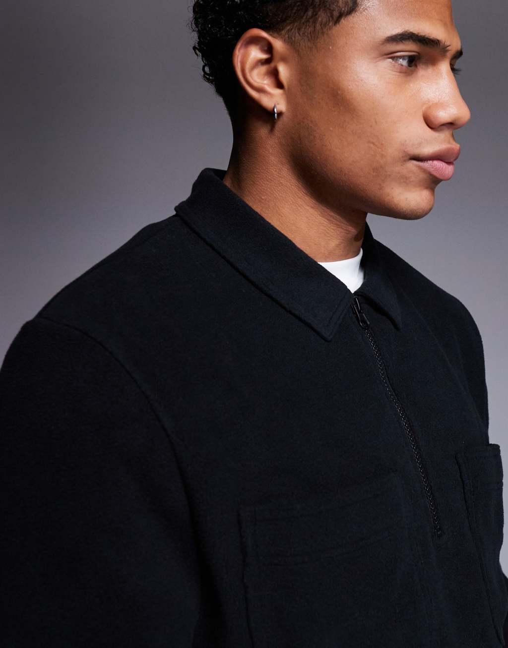 ASOS DESIGN fleece sweatshirt with quarter zip and collar in navy Product Image