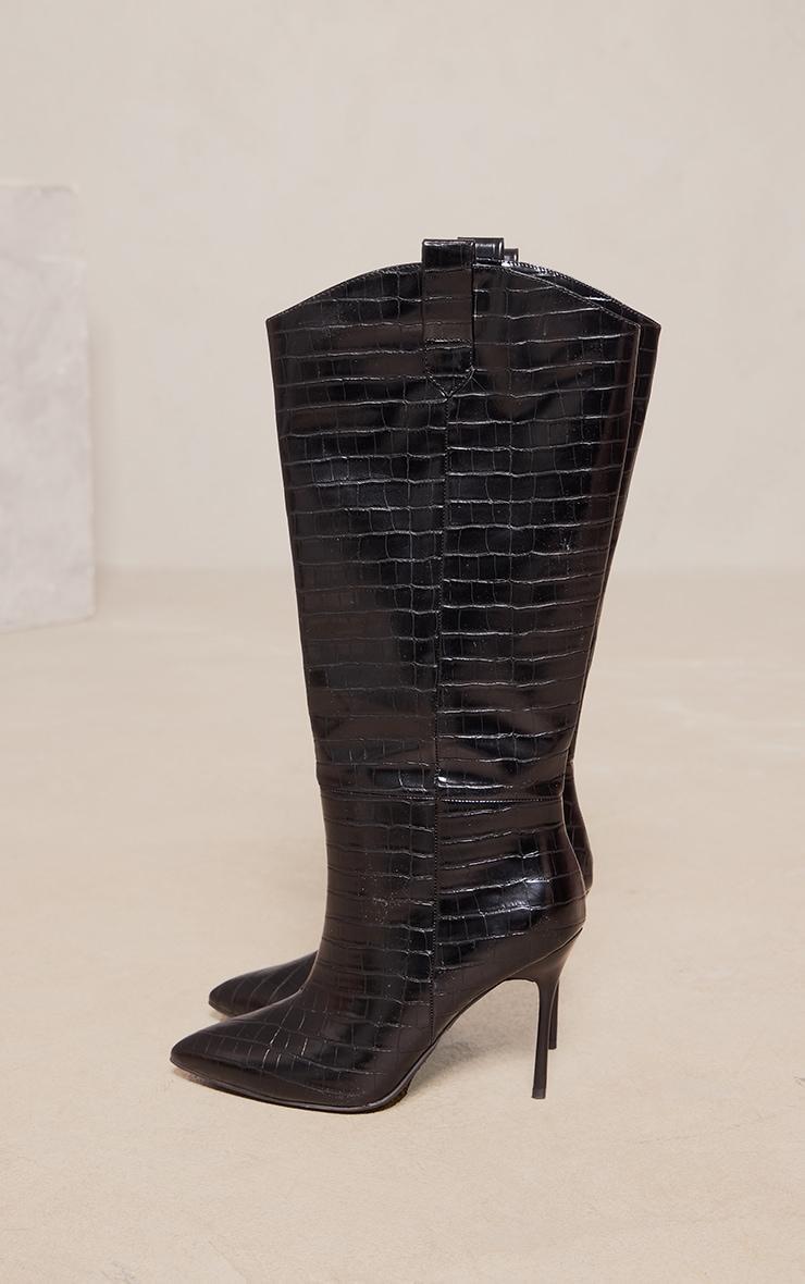 Black Croc PU Point Toe Western Knee High Stiletto Heeled Boots Product Image