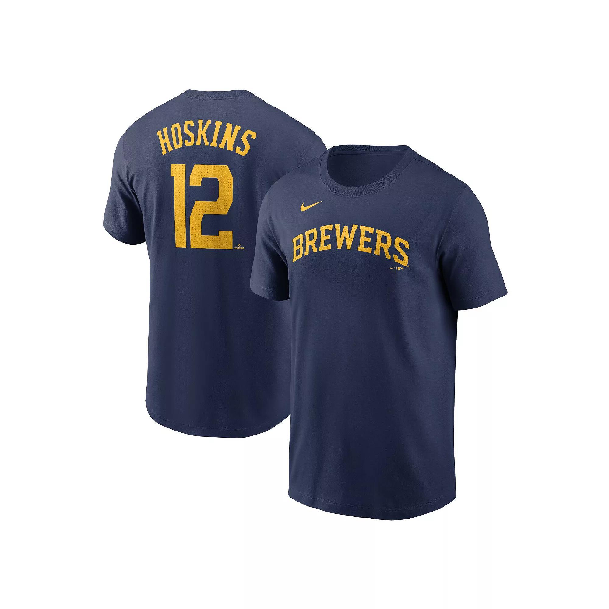 Men's Nike Rhys Hoskins Navy Milwaukee Brewers Fuse Name & Number T-Shirt, Size: Small, Blue Product Image