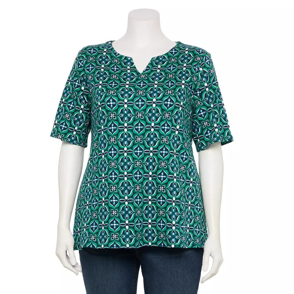 Plus Size Croft & Barrow® Elbow Sleeve Split Neck Top, Women's, Size: 3XL, Green Mod Tile Product Image