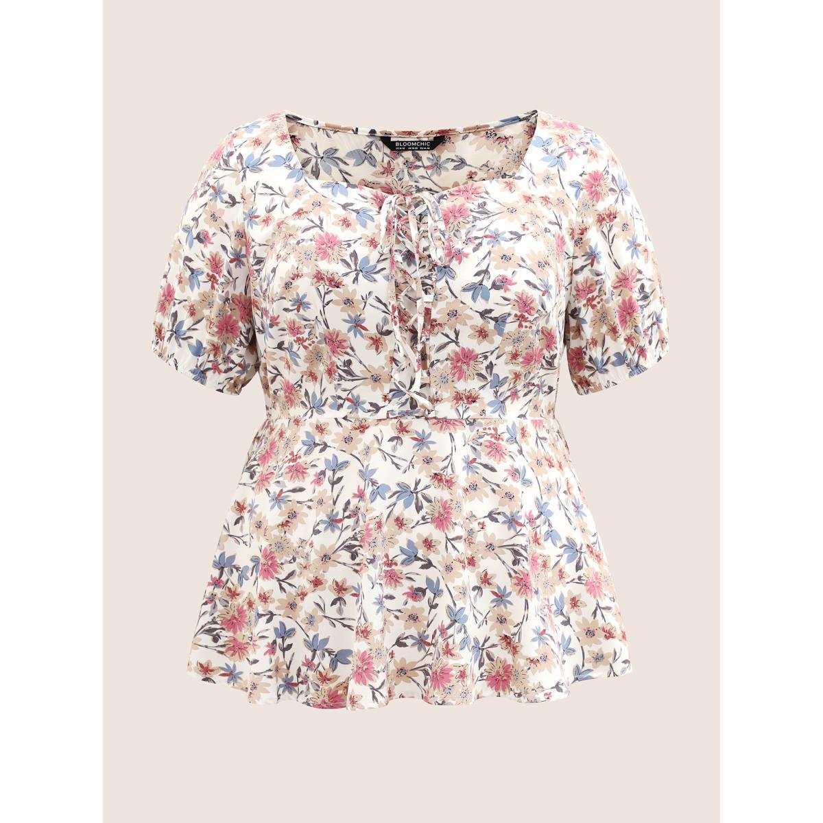 Plus Size White Floral Lace Up Gathered Lantern Sleeve Blouse Women Elegant Short sleeve Square Neck Everyday Blouses BloomChic 12/L Product Image