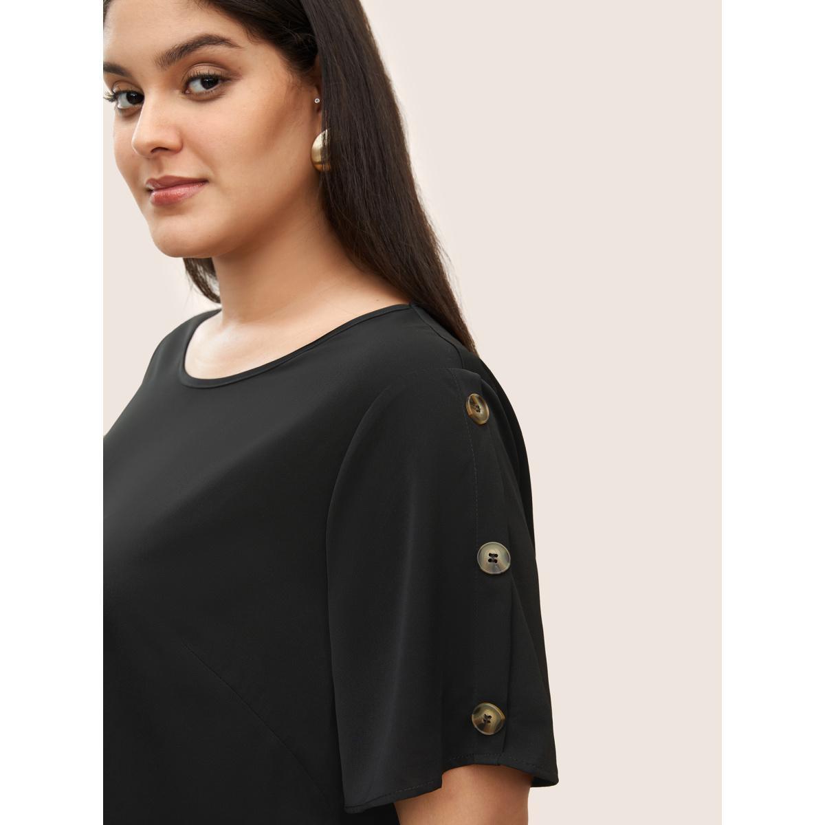 Plus Size Black Plain Round Neck Button Detail Blouse Women Casual Short sleeve Round Neck Everyday Blouses BloomChic 10/M Product Image