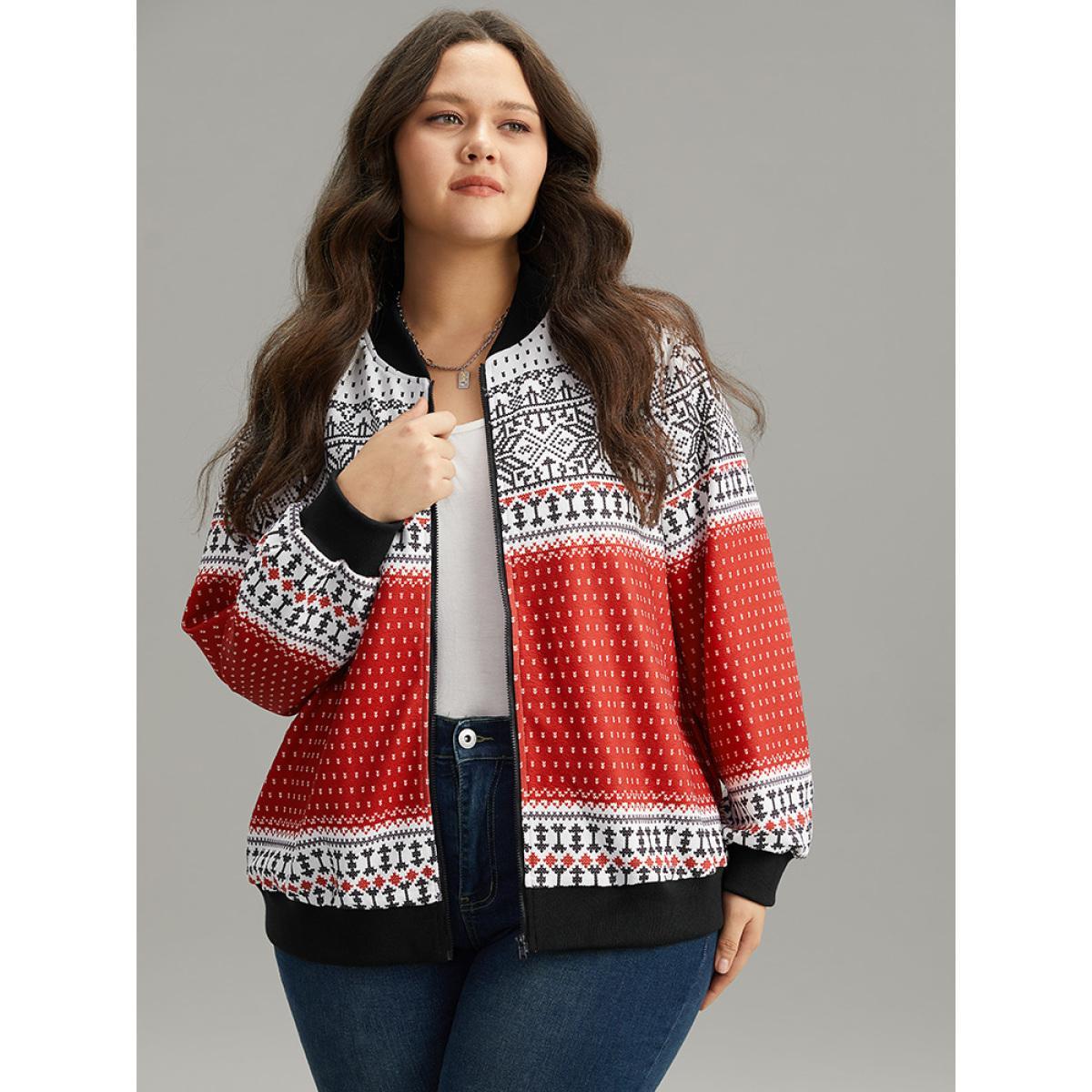 Plus Size Christmas Patchwork Zipper Contrast Jacket Women Red Elastic cuffs Dailywear Jackets BloomChic 12/L Product Image