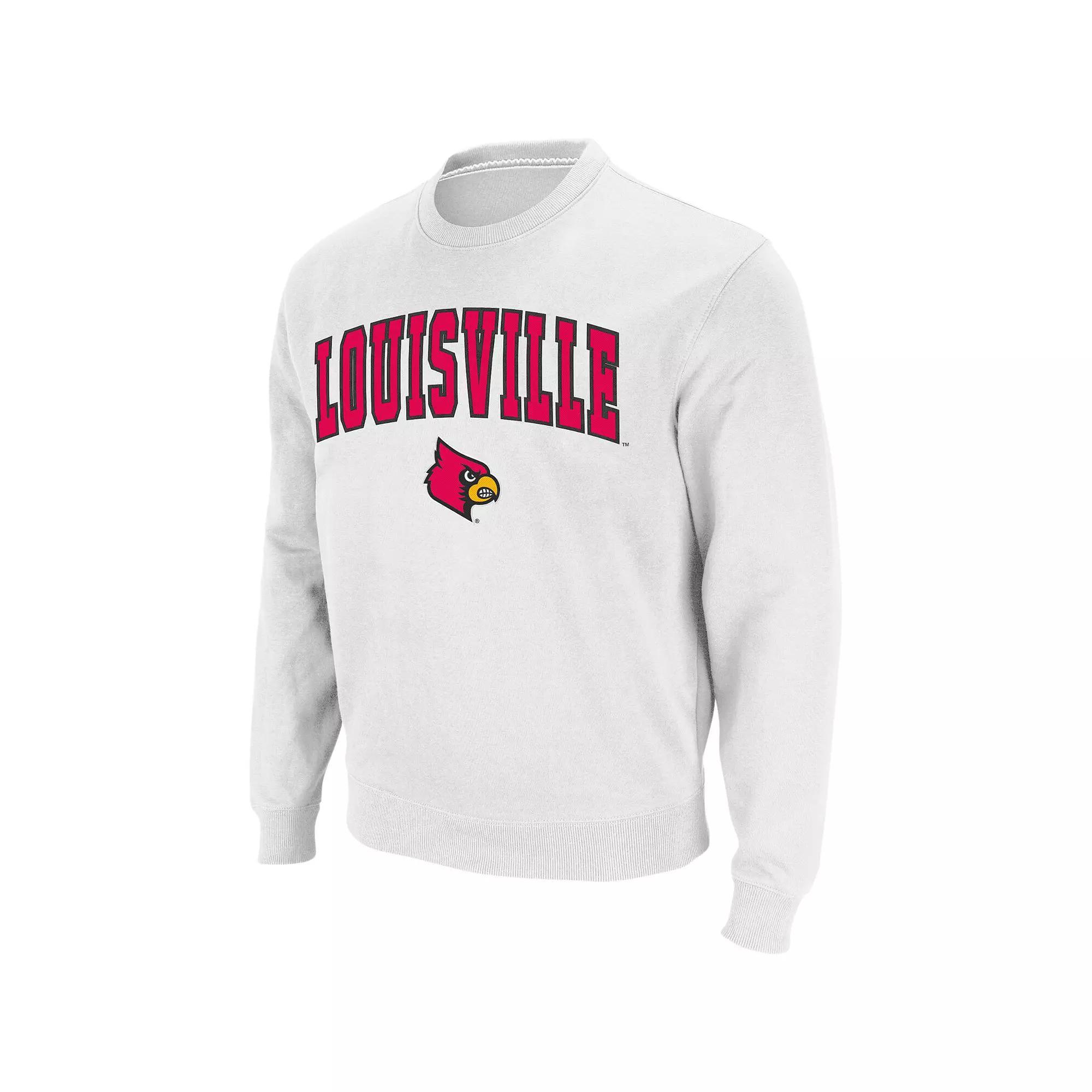 Men's Colosseum White Louisville Cardinals Arch & Logo Crew Neck Sweatshirt, Size: Small Product Image