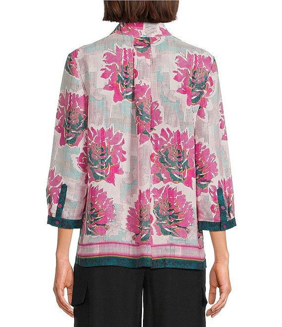 Investments Caroline Signature Linear Floral Border Print 3/4 Sleeve Button Front Top Product Image