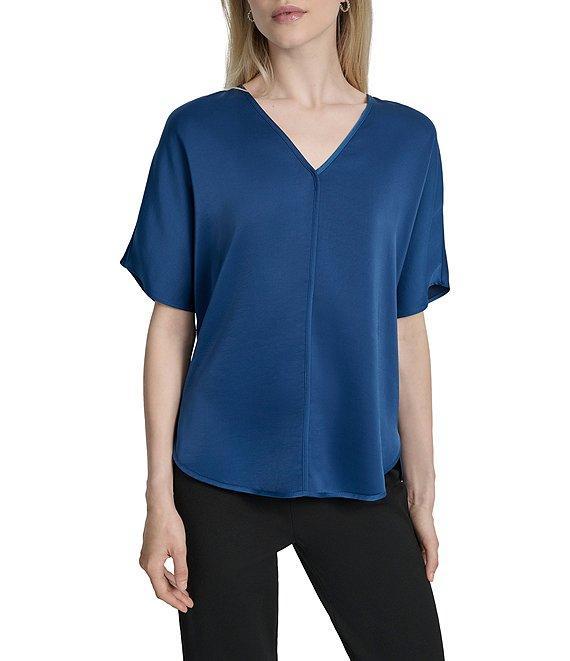 DKNY by Donna Karan Woven V-Neck Short Sleeve Blouse Product Image