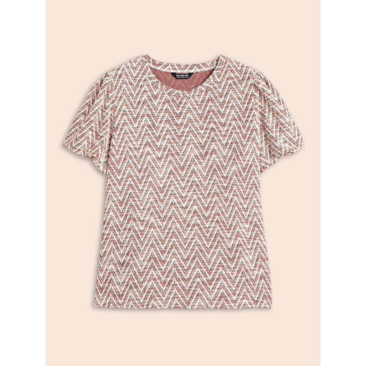 Plus Size Textured Round Neck Lantern Sleeve T-shirt Brightred Women Elegant Texture Round Neck Everyday T-shirts BloomChic 12/L Product Image