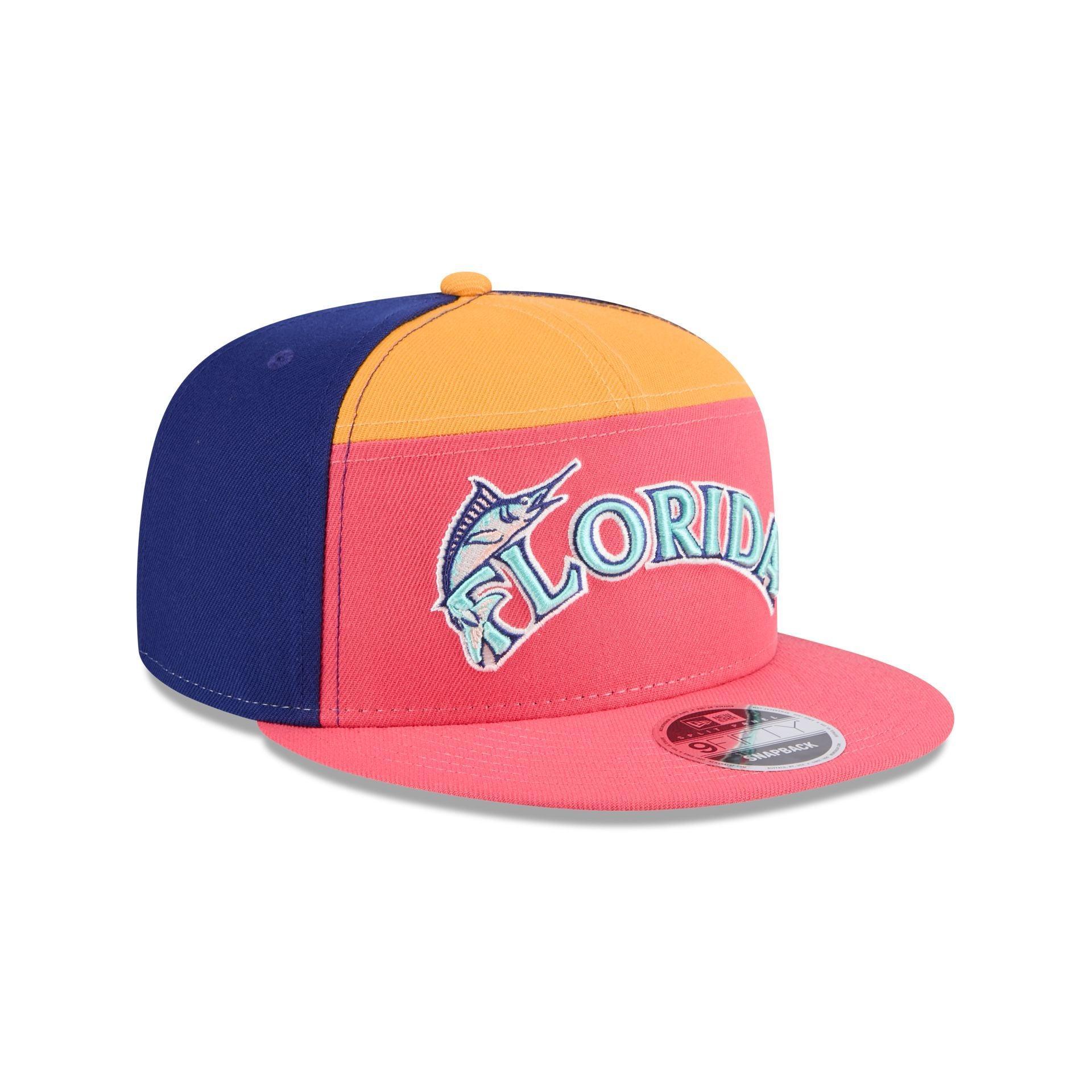 Miami Marlins Coral 9FIFTY Split Panel Snapback Hat Male Product Image