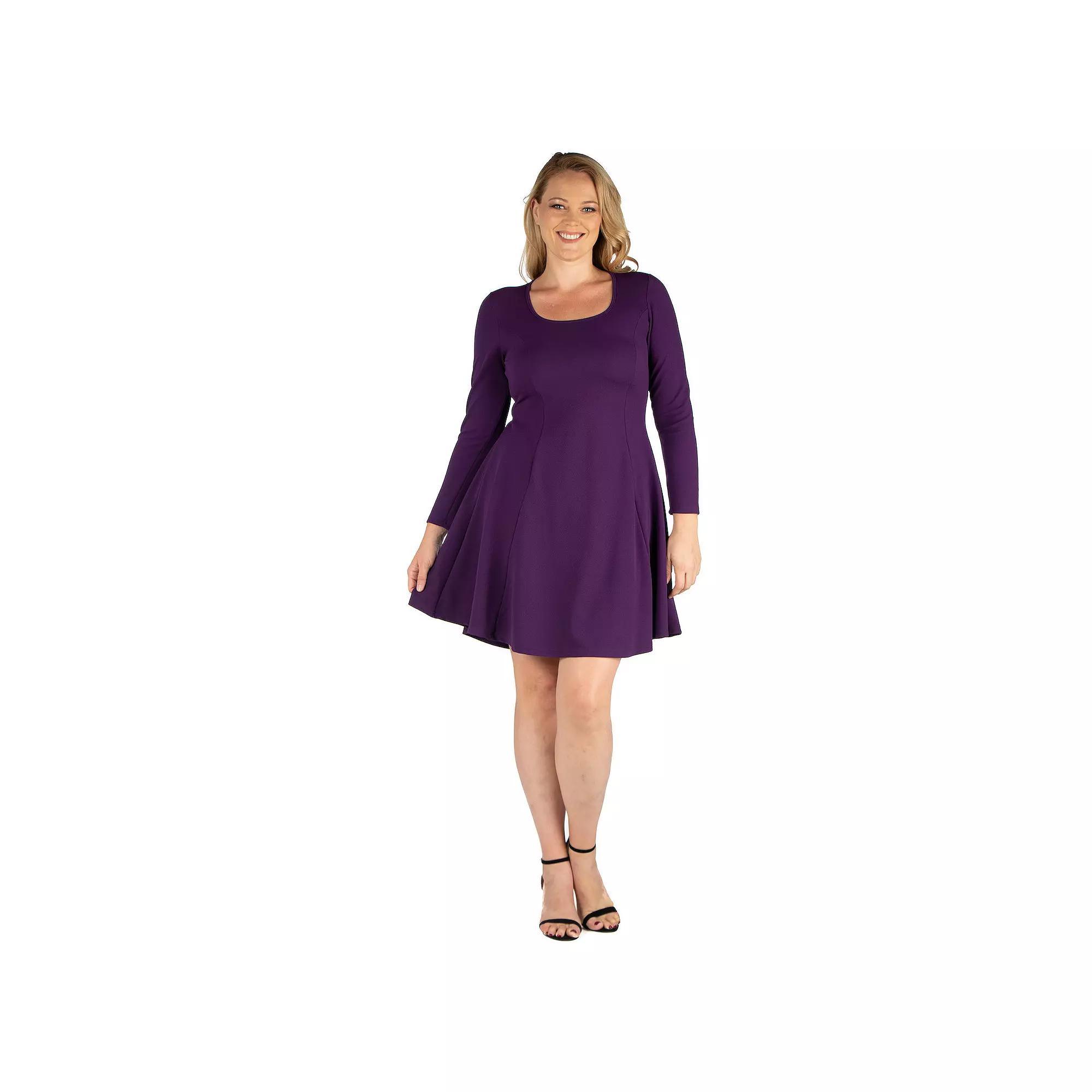 Plus Size 24seven Comfort Apparel Long Sleeve Knee Length Skater Dress, Women's, Size: 2XL, Purple Product Image