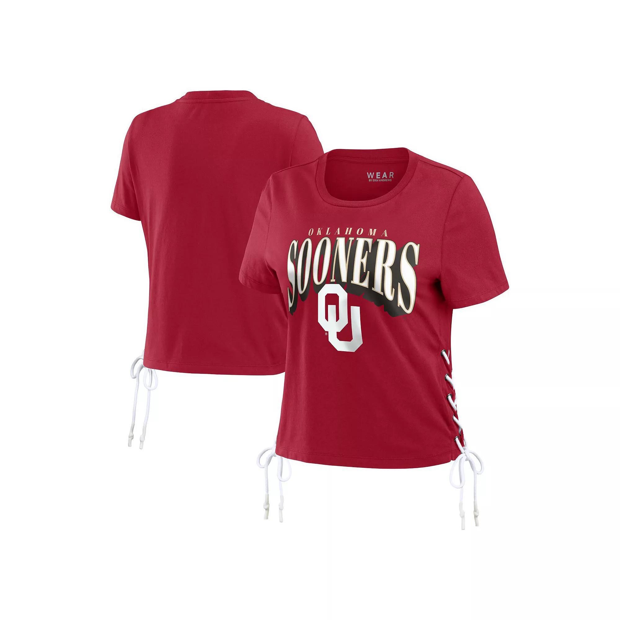 Women's WEAR by Erin Andrews Crimson Oklahoma Sooners Side Lace-Up Modest Crop T-Shirt,  Product Image