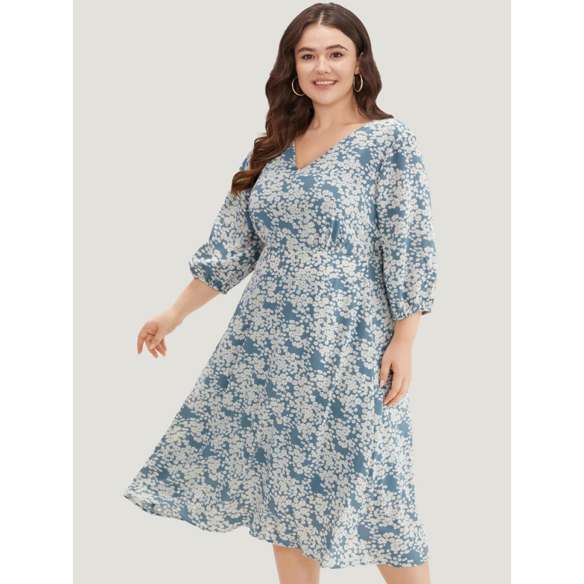 Plus Size Ditsy Floral Pleated Detail Lantern Sleeve Dress LightBlue Women Elegant Elastic cuffs V-neck Elbow-length sleeve Curvy Midi Dress BloomChic 30/6X Product Image